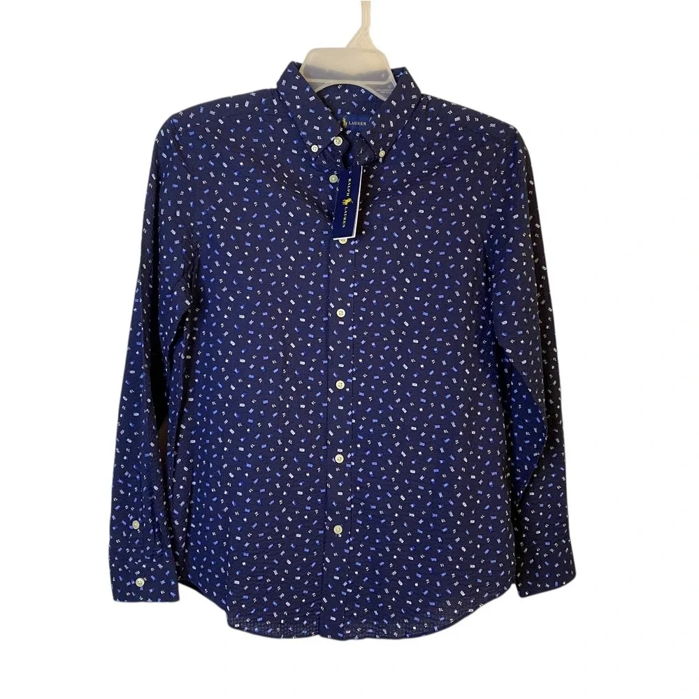 Ralph Lauren Boys XL Long Sleeve Button Down Sailing Print Shirt NWT Navy Blue